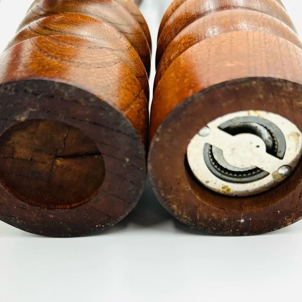 Vintage 1980s Wooden Salt Pepper Grinder Mill Set Large Turned Wood Kitchen Pair